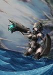  1girl arm_cannon armband armor black_hair chi-class_torpedo_cruiser clouds cloudy_sky dutch_angle erect_nipples glowing glowing_weapon hose in_water kantai_collection mandibles mask midriff navel ocean pepii shield shinkaisei-kan short_hair sky solo storm_cloud thigh-highs thighs water weapon 
