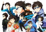  1boy animal_ears animal_hood backpack bag bear_ears bear_paws black_hair blue-framed_eyewear bouquet brown_eyes character_doll character_name child dog_hood flower glasses hair_slicked_back hood hooded_jacket ice_skates jacket katsuki_yuuri makkachin male_focus multiple_persona open_mouth skates smile sparkle stuffed_animal stuffed_lion stuffed_toy track_jacket viktor_nikiforov yanzhan younger yuri!!!_on_ice 