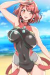  1girl arm_up bangs bare_shoulders beach black_swimsuit breasts clouds competition_swimsuit covered_navel day earrings eyebrows_visible_through_hair gem hair_ornament headpiece hiroyama_(hpzg5374) pyra_(xenoblade) jewelry large_breasts looking_at_viewer nintendo ocean one-piece_swimsuit open_mouth pose red_eyes redhead sand short_hair skindentation sky smile swept_bangs swimsuit tiara water xenoblade_(series) xenoblade_2 