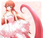  1girl artist_name artist_request bare_shoulders blush breasts chigu_(chiguring) cleavage dress frilled_dress frills heart highres lamia large_breasts long_hair looking_at_viewer miia_(monster_musume) monster_girl monster_musume_no_iru_nichijou open_mouth pink_dress pointy_ears redhead scales sidelocks skirt_hold solo very_long_hair yellow_eyes 