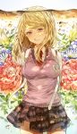  1girl absurdres air_bubble akamatsu_kaede bangs blonde_hair blue_flower breasts brown_skirt closed_mouth cowboy_shot dangan_ronpa highres kim_eb light_smile long_hair looking_at_viewer medium_breasts musical_note_hair_ornament necktie new_dangan_ronpa_v3 red_flower red_necktie school_uniform sheet_music skirt smile solo submerged sweater_vest swept_bangs tears underwater violet_eyes 