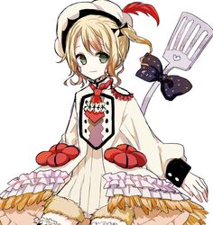  1girl blonde_hair green_eyes highres mahou_shoujo_ikusei_keikaku mahou_shoujo_ikusei_keikaku_restart pechika_(mahoiku) short_sidetail smile solo spatula yun68591434 