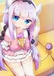  1girl absurdres bangs beads blue_eyes blunt_bangs blush capelet dragon_girl dragon_horns dress eyebrows_visible_through_hair food hair_beads hair_ornament hairband highres horns ice_cream kanna_kamui kobayashi-san_chi_no_maidragon lavender_hair long_hair looking_at_viewer nipeira solo tail thigh-highs twintails white_legwear 