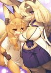  2girls animal_ears blonde_hair blush breasts bright_pupils cleavage eyebrows fang furry furugitsune hair_over_shoulder hand_on_another&#039;s_head kishibe long_hair looking_at_viewer multiple_girls no_pants open_mouth original red_eyes shirt_lift short_sleeves sweatdrop thick_eyebrows violet_eyes 