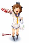  1girl bag blush brown_hair closed_eyes commentary_request dress food foreshortening fruit full_body gift headgear headset holding holding_bag holding_gift kantai_collection long_sleeves neckerchief open_mouth outstretched_arm sailor_dress shoes shopping_bag short_hair solo strawberry strawberry_chocolate teeth twitter_username watanore white_background yukikaze_(kantai_collection) 