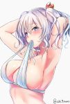  1girl abi_(abimel10) armpits arms_up bikini blue_eyes blush breasts hair_ribbon highres kantai_collection kashima_(kantai_collection) large_breasts mouth_hold ribbon silver_hair simple_background solo swimsuit twintails twitter_username untied untied_bikini upper_body wet white_background white_bikini 