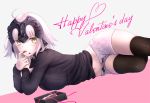  &gt;:( 1girl ahoge bangs black_legwear black_sweater blush breasts chocolate fate/grand_order fate_(series) finger_licking from_side happy_valentine headpiece jeanne_alter large_breasts licking long_sleeves looking_at_viewer looking_to_the_side lying on_side ribbed_sweater ruler_(fate/apocrypha) short_hair shorts silver_hair solo sushimaro sweater thigh-highs tongue tongue_out yellow_eyes 
