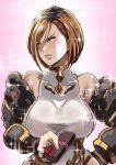  1girl apollonia_vaar armor bangs bare_shoulders blue_eyes bob_cut box breasts brown_hair butcha-u chocolate commentary_request detached_sleeves embarrassed flower gift gift_box giving gradient gradient_background granblue_fantasy hair_between_eyes halterneck hand_on_hip large_breasts leotard lips looking_away pink_background red_rose revision rose short_hair sideboob signature solo sparkle swept_bangs taut_clothes tsundere turtleneck valentine 
