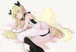  &gt;:| 1girl :| ass boots butterfly_hair_ornament closed_mouth flip_flappers gloves green_hair hair_ornament keiya knee_boots long_hair lying magical_girl on_side pantyhose spoilers sweatdrop very_long_hair white_gloves white_legwear yayaka yellow_eyes 