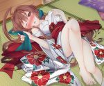  1girl absurdres ahoge bare_legs barefoot blush brown_hair camellia_(flower) convenient_leg feet floral_print flower hair_between_eyes hair_intakes highres huge_ahoge japanese_clothes kantai_collection kimono kuma_(kantai_collection) legs long_hair looking_at_viewer lying obi off_shoulder on_back on_floor one_eye_closed open_mouth red_eyes sash solo tatami toes untied_obi yukina_(black0312) 