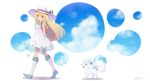  1girl absurdres alolan_vulpix arm_behind_back artist_name bag bangs bare_shoulders blonde_hair blue_sky blunt_bangs braid breasts clouds dress full_body highres kneehighs lillie_(pokemon) long_hair neps-l pokemon pokemon_(anime) pokemon_(game) pokemon_sm pokemon_sm_(anime) see-through shoes simple_background sky sleeveless sleeveless_dress smile twin_braids walking white_background white_dress 