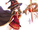  1girl bandage bandaged_leg belt black_gloves brown_hair cape dress fingerless_gloves gloves hat homo_1121 kono_subarashii_sekai_ni_shukufuku_wo! looking_at_viewer megumin outstretched_arm red_dress red_eyes short_dress simple_background smile solo sparkle staff white_background wide_sleeves witch_hat 