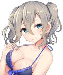  1girl bikini_top blue_eyes breasts cleavage grey_hair haruno_suzune kantai_collection kashima_(kantai_collection) medium_breasts no_hat no_headwear short_hair simple_background smile solo twintails upper_body wet white_background 