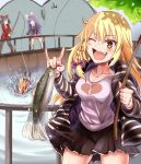  4girls ;d \m/ afterimage animal_ears bangs black_hair black_legwear black_shoes black_skirt blonde_hair blush bow braid breasts broken_heart collarbone collared_shirt commentary_request cookie_(touhou) dress eyebrows_visible_through_hair faceless faceless_female fang fish fish_tail fishing_line fishing_rod hair_bow hakurei_reimu heart heart_print hisui_(cookie) holding holding_fish hood hoodie kirisame_marisa kneehighs leaning_on_object long_hair long_sleeves looking_at_viewer lying medium_breasts multiple_girls necktie on_stomach one_eye_closed open_mouth original pantyhose pink_skirt pleated_skirt print_shirt purple_bow purple_hair rabbit_ears railing red_bow red_dress red_necktie red_shoes reisen_udongein_inaba sananana shirt shoes side_braid single_braid skirt smile socks standing striped touhou uzuki_(cookie) water white_legwear white_shirt yarumi_(suina) yellow_eyes 