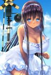  1girl bare_shoulders black_hair blue_eyes blush breasts cleavage clouds cloudy_sky dark_skin dress dress_tug gorua_(youce01) hairband large_breasts leaning_forward long_hair looking_at_viewer original parted_lips railroad_crossing revision signpost sky smile solo white_dress 