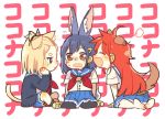  3girls animal_ears bangs_pinned_back black_legwear blonde_hair blue_hair blue_skirt brown_eyes cardigan cat_ears cat_tail chibi closed_eyes dog_ears dog_tail flip_flappers girl_sandwich hand_on_own_face keiya kokomine_cocona long_hair multiple_girls neckerchief open_mouth orange_hair papika_(flip_flappers) pleated_skirt rabbit_ears red_neckerchief redhead sandwiched school_uniform serafuku short_hair sitting skirt smile sweat tail text violet_eyes yayaka 