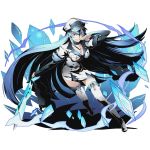  1girl absurdly_long_hair akame_ga_kill! belt blue_eyes blue_hair boots breasts cleavage collarbone crystal_sword divine_gate esdeath full_body grin hair_between_eyes hat holding holding_sword holding_weapon ice long_hair medium_breasts military military_hat military_uniform official_art pleated_skirt shadow skirt smile solo sword tattoo thigh-highs thigh_boots transparent_background ucmm uniform very_long_hair weapon white_boots 