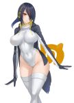  1girl arms_at_sides black_hair breasts brown_eyes covered_navel cowboy_shot daglasses emperor_penguin_(kemono_friends) erect_nipples hair_over_one_eye headphones highleg highleg_leotard highres hood hoodie kemono_friends large_breasts leotard long_hair looking_at_viewer open_clothes open_hoodie parted_lips solo thigh-highs white_legwear white_leotard 