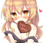  blonde_hair blush breast_squeeze breasts chocolate chocolate_heart commentary english heart highres kirisame_marisa long_hair looking_at_viewer mouth_hold no_hat no_headwear rbtt small_breasts solo touhou undressing valentine yellow_eyes 