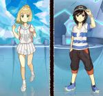  1boy 1girl bag baseball_cap black_eyes black_hair blonde_hair blue_sky blush braid closed_mouth clouds cloudy_sky floor full_body green_eyes hand_in_pocket hat hat_tip holding holding_poke_ball legs lillie_(pokemon) looking_at_viewer male_protagonist_(pokemon_sm) poke_ball pokemon pokemon_(game) pokemon_battle pokemon_sm ponytail reflection school_uniform serafuku shirt short_sleeves shorts skirt sky smile split_screen standing striped striped_shirt throne z-ring 