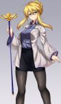  1girl ahoge alternate_costume bespectacled black_legwear blonde_hair blouse braid breasts commentary_request fate/stay_night fate_(series) french_braid glasses green_eyes highres holding kuragari long_sleeves looking_at_viewer medium_breasts pantyhose saber solo standing 