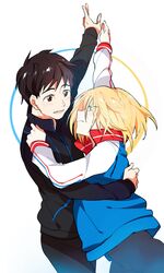  2boys black_hair blonde_hair blush brown_eyes dancing eye_contact green_eyes jacket katsuki_yuuri looking_at_another male_focus multiple_boys open_mouth smile track_jacket yanzhan yuri!!!_on_ice yuri_plisetsky 