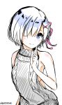  1girl alternate_costume backless_outfit bangs bare_shoulders blue_eyes blue_hair blush breasts closed_mouth collarbone dress finger_to_mouth grey_dress grey_sweater gyouza_aniki hair_ornament hair_over_one_eye hair_ribbon halterneck hand_to_head hand_up highres index_finger_raised looking_at_viewer meme_attire naked_sweater no_bra open-back_dress re:zero_kara_hajimeru_isekai_seikatsu rem_(re:zero) ribbed_sweater ribbon short_hair sideboob simple_background sleeveless sleeveless_turtleneck smile solo sweater sweater_dress turtleneck turtleneck_sweater upper_body virgin_killer_sweater white_background x_hair_ornament 