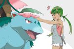  1girl :d apron bangs bare_shoulders blush breasts dark_skin flower flower_on_head fujiyama_(yamandora) green_eyes green_hair hair_flower hair_ornament half-closed_eyes happy mallow_(pokemon) medium_breasts open_mouth petting pink_shirt plant pokemon pokemon_(creature) pokemon_(game) pokemon_sm red_eyes sharp_teeth shiny shiny_skin shirt simple_background sleeveless sleeveless_shirt smile sparkle standing swept_bangs teeth trial_captain venusaur white_background 