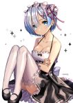  1girl absurdres bare_arms bare_shoulders blue_eyes blue_hair breasts cleavage eyebrows_visible_through_hair gambe_(seelunto) hair_between_eyes hair_ornament hair_over_one_eye hair_ribbon highres looking_at_viewer maid maid_headdress pink_ribbon re:zero_kara_hajimeru_isekai_seikatsu rem_(re:zero) ribbon ribbon-trimmed_clothes ribbon_trim short_hair simple_background sleeveless solo star thigh-highs white_background white_legwear x_hair_ornament 