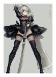  1girl black_dress black_gloves black_legwear blindfold boots breasts cleavage_cutout dress gloves hairband highres mole mole_under_mouth nier_(series) nier_automata puffy_sleeves reoen short_hair silver_hair solo sword thigh-highs weapon white_hair yorha_no._2_type_b 