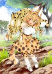  1girl animal animal_ears animal_on_shoulder boots bow bowtie carrying commentary_request highres holding kemono_friends namesake serval serval_(kemono_friends) serval_ears serval_tail shigurio skirt slit_pupils tail tree 