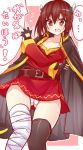  1girl bandage belt blush brown_eyes brown_hair cape commentary cosplay fingerless_gloves gloves headgear kantai_collection kono_subarashii_sekai_ni_shukufuku_wo! looking_at_viewer megumin megumin_(cosplay) open_mouth panties sakurapochi short_hair single_thighhigh solo speech_bubble sweatdrop taihou_(kantai_collection) thigh-highs translated underwear white_panties 