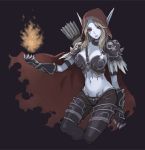  1girl armor arrow bikini_armor black_background blue_skin breasts cape elf gauntlets hood long_hair morisawa_haruyuki navel pauldrons pointy_ears red_eyes solo sylvanas_windrunner warcraft world_of_warcraft 