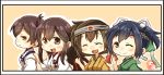  4girls :d ^_^ ^o^ akagi_(kantai_collection) blue_eyes blue_hair brown_eyes brown_hair closed_eyes green_kimono headband highres hiryuu_(kantai_collection) japanese_clothes kaga_(kantai_collection) kantai_collection kimono long_hair multiple_girls nontraditional_miko one_eye_closed one_side_up open_mouth remodel_(kantai_collection) short_hair side_ponytail smile souryuu_(kantai_collection) taisa_(kari) tasuki twintails yellow_kimono 