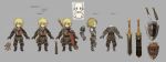  armor artist_request blonde_hair concept_art dagger marcus_stern multiple_views project_phoenix shield sketch sword turnaround variations weapon weapon_bag 