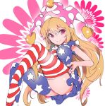  1girl alternate_legwear american_flag_dress american_flag_legwear blonde_hair breasts clownpiece dress full_body hat ichizen_(o_tori) impossible_clothes jester_cap long_hair looking_at_viewer medium_breasts neck_ruff polka_dot short_dress short_sleeves sketch smile solo star star_print striped thigh-highs touhou very_long_hair violet_eyes 