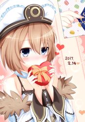  1girl bare_shoulders blanc blue_eyes blush box brown_hair chocolate choujigen_game_neptune gift gift_box haru_blanc0316 hat heart heart-shaped_box highres holding holding_gift looking_at_viewer neptune_(series) short_hair solo valentine 