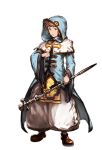  1boy alpha_transparency brown_eyes brown_hair cloak gran_(granblue_fantasy) granblue_fantasy hood hooded_cloak male_focus minaba_hideo official_art open_mouth priest_(granblue_fantasy) puffy_pants short_hair solo staff transparent_background 