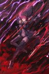  1girl armor bodysuit breasts cloudy.r covered_navel fate/grand_order fate_(series) flower full_body gae_bolg highres holding holding_weapon long_hair pauldrons polearm purple_bodysuit purple_hair red_eyes scathach_(fate/grand_order) shoulder_armor solo spear spider_lily veil weapon 