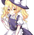  1girl alternate_hairstyle apron blonde_hair blush bow braid collared_shirt commentary d: dress fang hat hat_bow highres kirisame_marisa long_hair open_mouth playing_with_own_hair rbtt shirt side_braid single_braid sketch solo touhou twintails twintails_day waist_apron wavy_hair witch_hat yellow_eyes 