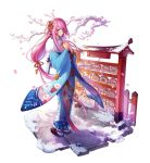  1girl alchemist_for_who blush flower full_body furisode hair_flower hair_ornament holding japanese_clothes kimono long_hair long_sleeves looking_at_viewer low-tied_long_hair official_art pink_eyes pink_hair sandals snow solo standing suzuka_(alchemist_for_who) tabi wide_sleeves 