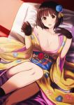  1girl akai_kagerou black_gloves black_hair blush breasts cleavage futon gloves hair_ornament idolmaster idolmaster_cinderella_girls japanese_clothes kimono large_breasts obi off_shoulder open_mouth sash short_hair solo takafuji_kako yellow_eyes 