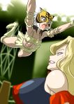  abs boots breasts commentary_request elbow_pads flying_body_attack highres mask midriff miss_x_(tiger_mask) noq spring_tiger sweat takaoka_haruna tiger_mask_(series) tiger_mask_w wrestling_outfit wrestling_ring 