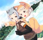  &gt;:d 2girls :d ahoge animal_ears azuki_akizuki bike_shorts black-tailed_prairie_dog_(kemono_friends) brown_eyes clouds commentary_request dog_ears dutch_angle elbow_gloves frilled_shorts frills fur_collar gloves gradient_hair grey_hair hair_ornament hairclip hand_on_another&#039;s_shoulder jacket kemono_friends lake looking_at_viewer mountain multicolored_hair multiple_girls north_american_beaver_(kemono_friends) open_clothes open_jacket open_mouth orange_hair pointing short_shorts shorts skirt sky smile sweatdrop sweater torn_clothes torn_sleeves tree water 