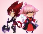  2girls animal_ears axe battle_axe cat_ears cat_tail chibi earrings eventh7 facial_mark final_fantasy final_fantasy_xiv gloves heterochromia jewelry looking_at_viewer miqo&#039;te multiple_girls pink_hair redhead short_hair tail thigh-highs weapon 