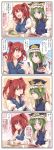  2girls 4koma blue_background blue_eyes blue_vest blush box closed_eyes comic commentary_request cup eating epaulettes feeding flying_sweatdrops frilled_hat frills green_hair hair_bobbles hair_ornament hat hat_ribbon highres juliet_sleeves kitsune_maru long_sleeves multiple_girls onozuka_komachi orange_background pink_background puffy_sleeves red_eyes red_ribbon redhead ribbon shiki_eiki steam sweatdrop teacup touhou translation_request twintails two_side_up vest white_ribbon yuri 