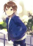  1boy belt blurry brown_eyes brown_hair depth_of_field hands_in_pockets kikuchi_mataha kyo_(vocaloid) male_focus ribbed_sweater solo sweater vocaloid walking zola_project 
