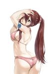  1girl ass bikini breasts brown_eyes cowboy_shot erza_scarlet fairy_tail from_behind hair_ornament hair_over_one_eye hair_scrunchie hands_in_hair head_tilt large_breasts long_hair looking_at_viewer looking_back mashima_hiro official_art pink_bikini redhead scrunchie sideboob simple_background solo swimsuit tattoo under_boob white_background 