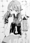  1girl blush bottle breasts highres long_hair looking_at_viewer monochrome nakajima_ryou navel original sweat water_bottle 