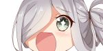 +_+ 1girl asashimo_(kantai_collection) close-up grey_eyes hair_over_one_eye kantai_collection long_hair looking_at_viewer no_nose open_mouth ponytail silver_hair simple_background sin-poi solo sparkling_eyes symbol-shaped_pupils white_background 